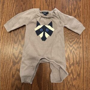 Baby Gap Fox Knit 0 - 3 Mos Boy Gray Longall Romper Sweater Outfit Face Raccoon